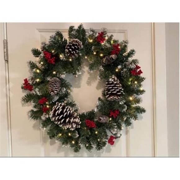 Prelit Christmas Wreath with Lights, Winter Snowflake Christmas Wreath - Picture 3 of 7